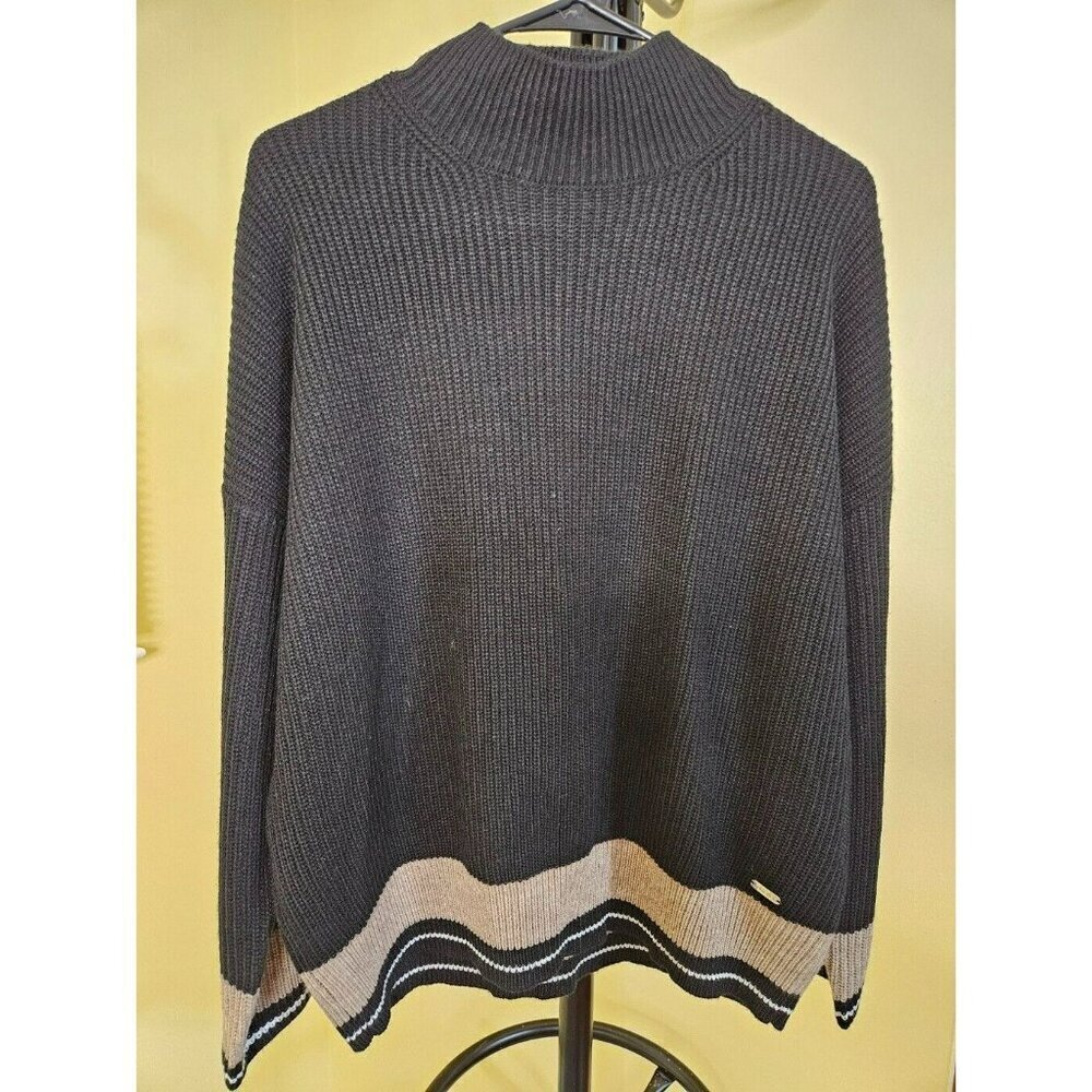 Calvin‎ Klein Women’s Mock Neck Sweater Black Classic Short Cable Knit Size M